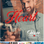 A promotional advertisement for Waco, Texas featuring a smiling man holding a drink in McLennan County, Texas.