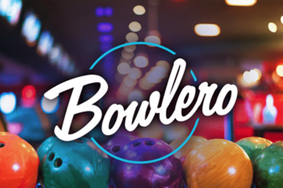 The Bowlero logo centered over a blurred background of colorful bowling balls in McLennan County, Texas.