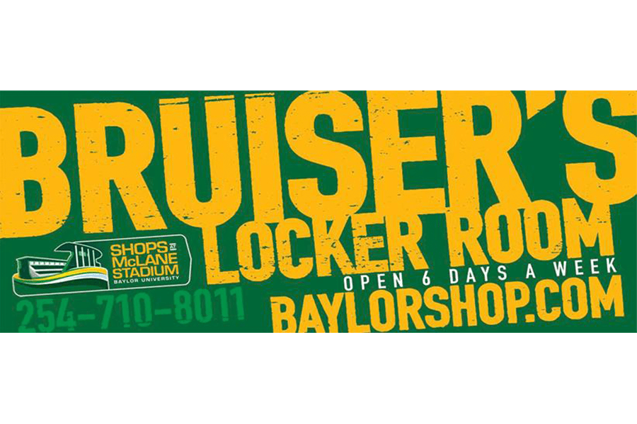 A green and yellow banner for Bruiser's Locker Room at McLane Stadium in McLennan County, Texas.