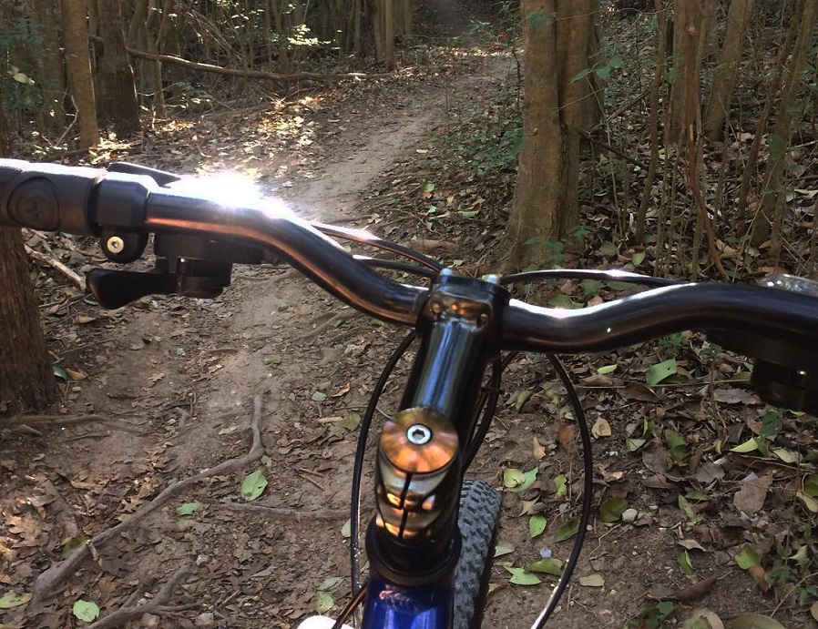 A first-person view from a bicycle handlebar riding along a dirt forest trail in McLennan County, Texas.