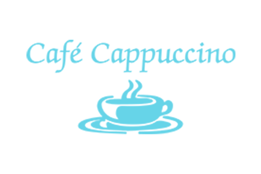 A light blue logo featuring the text Café Cappuccino above a steaming coffee cup in McLennan County, Texas.