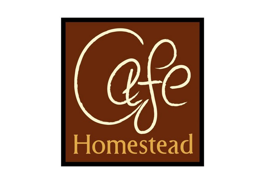 A brown square logo with the text Cafe Homestead in stylized lettering in McLennan County, Texas.