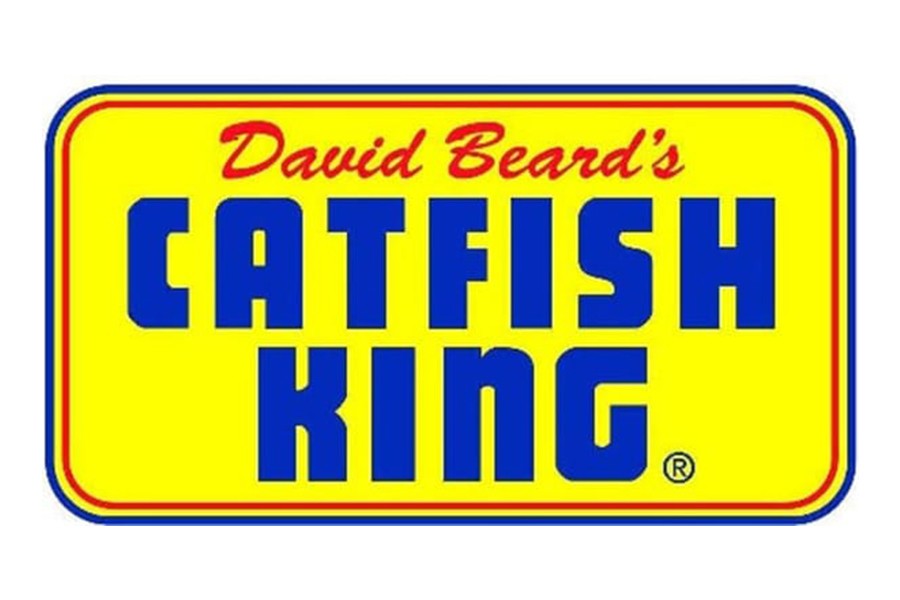 The logo for David Beard's Catfish King restaurant featuring blue text on yellow background in McLennan County, Texas.