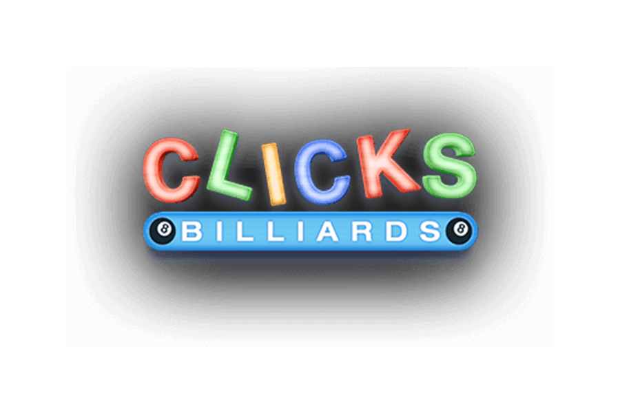The logo for Clicks Billiards featuring colorful letters and eight-ball icons in McLennan County, Texas.