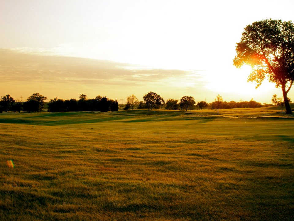 A golden sunset illuminates a vast, grassy field with scattered trees in the distance in McLennan County, Texas.