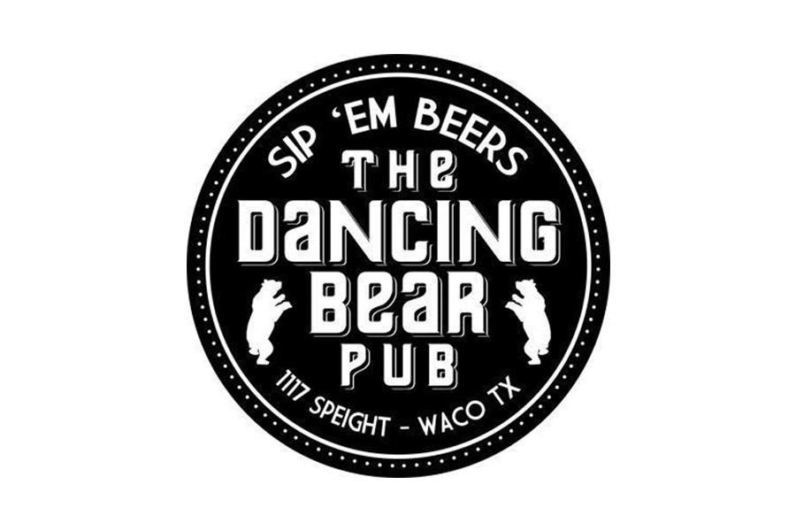A circular black and white logo for The Dancing Bear Pub in Waco, Texas in McLennan County, Texas.