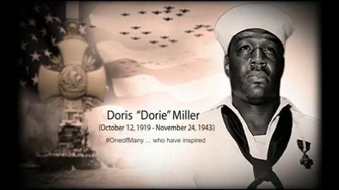 A memorial portrait of Doris Dorie Miller in his US Navy uniform in McLennan County, Texas.