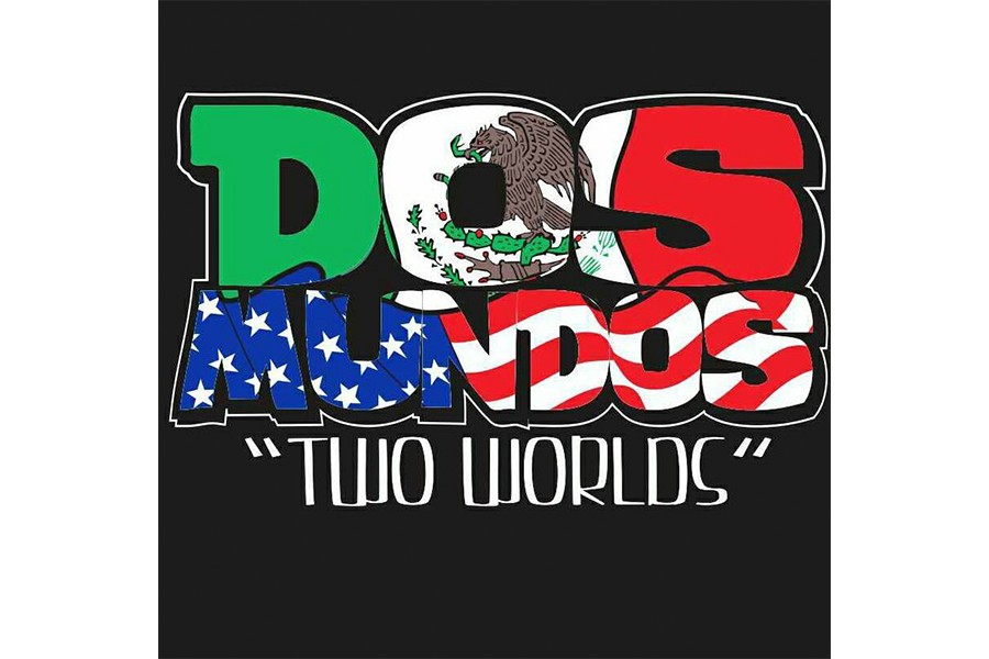 The text Dos Mundos with Mexican and American flag patterns on a black background in McLennan County, Texas.