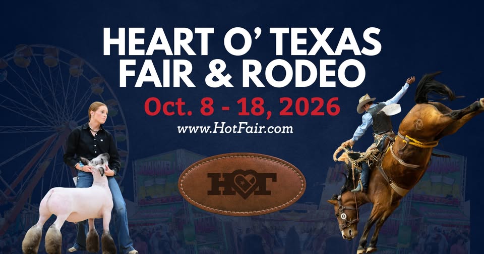 Promotional graphic for the Heart O' Texas Fair and Rodeo featuring a lamb and rider in McLennan County, Texas.