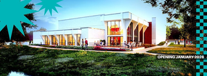 An architectural rendering of a modern building with people sitting on a patio in McLennan County, Texas.