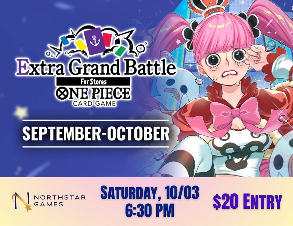 Promotional poster for a One Piece card game tournament at Northstar Games in McLennan County, Texas.