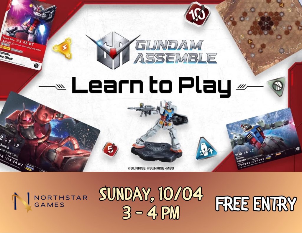 A promotional flyer for a Gundam Assemble learn to play event at Northstar Games in McLennan County, Texas.