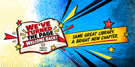 A comic-book style graphic announcing the reopening of the Waco Library in McLennan County, Texas.