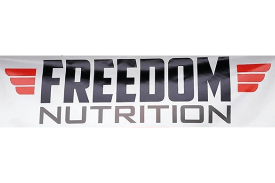 A white banner featuring the black text Freedom Nutrition with red wing icons in McLennan County, Texas.