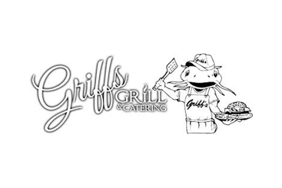 A black and white logo for Griff's Grill & Catering featuring a catfish mascot in McLennan County, Texas.