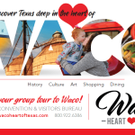 A promotional graphic for Waco, Texas featuring collage images inside the letters of Waco in McLennan County, Texas.