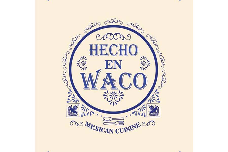 A blue and cream logo for a Mexican cuisine restaurant named Hecho en Waco in McLennan County, Texas.
