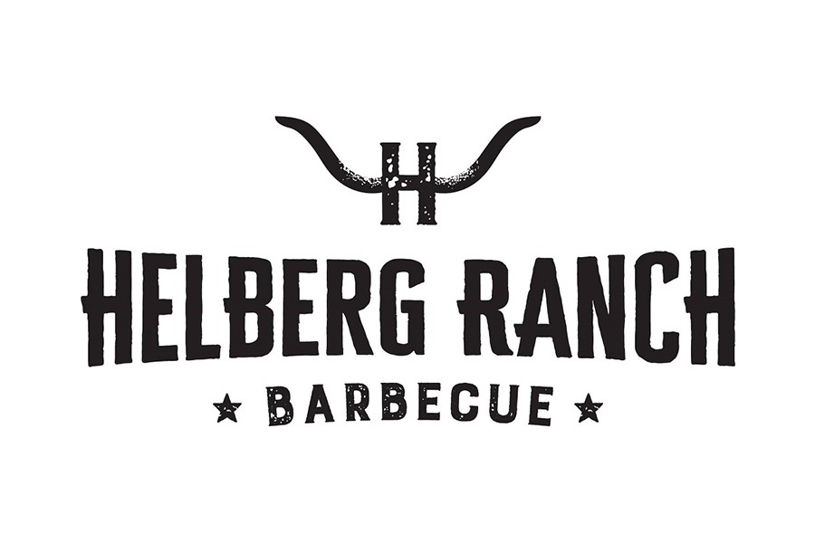 The logo for Helberg Ranch Barbecue featuring a stylized letter H with longhorn horns in McLennan County, Texas.
