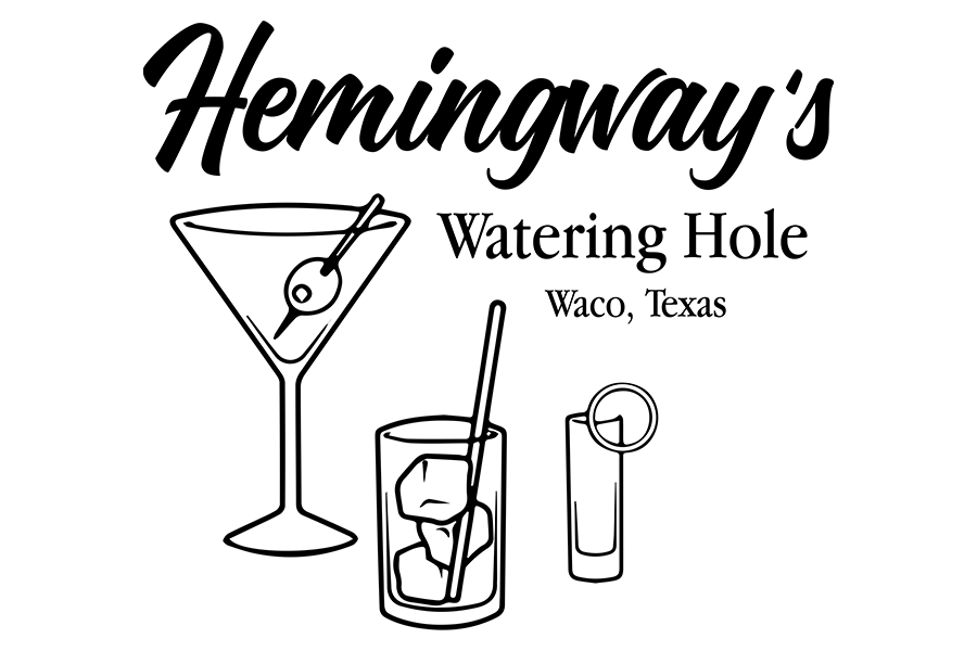 A black and white logo for Hemingway's Watering Hole in Waco, Texas featuring cocktail illustrations in McLennan County, Texas.