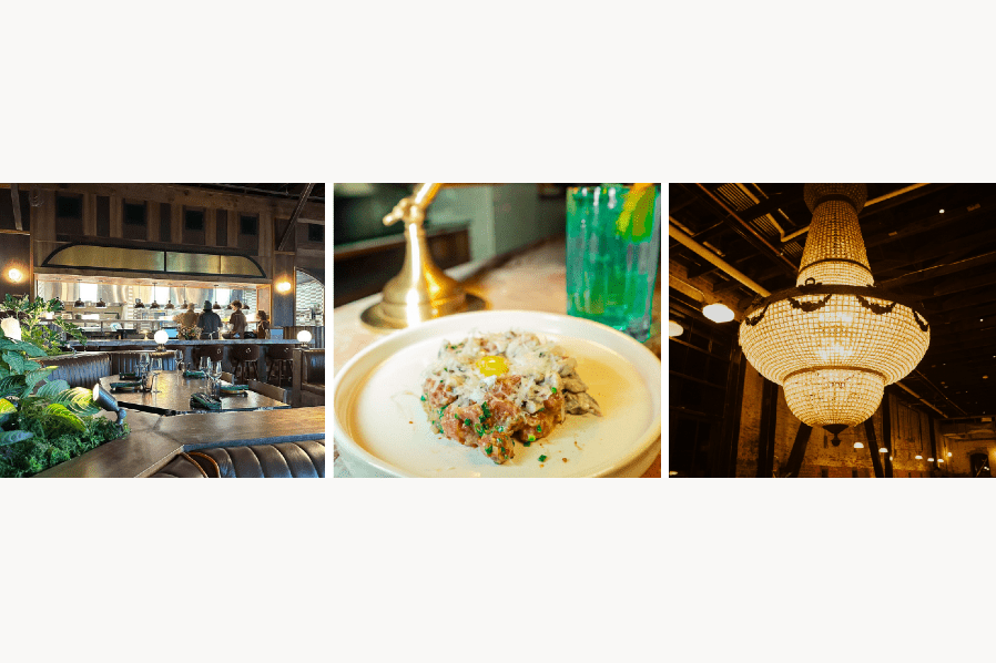 A collage showing a restaurant interior, a gourmet dish, and a large crystal chandelier in McLennan County, Texas.