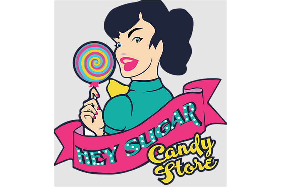 A cartoon woman holding a colorful lollipop above a pink banner for a candy store in McLennan County, Texas.