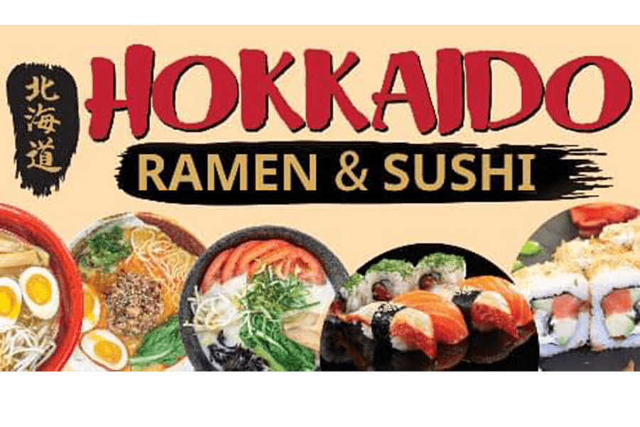 A restaurant sign for Hokkaido Ramen & Sushi featuring bowls of ramen and sushi rolls in McLennan County, Texas.