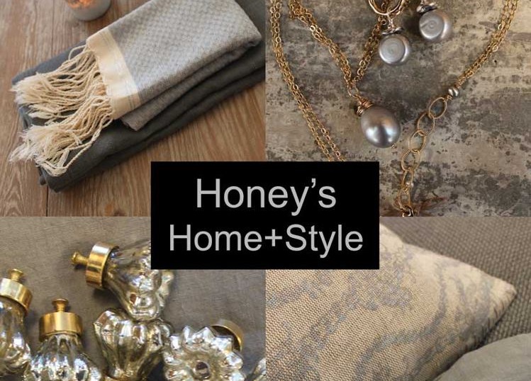 A collage featuring home decor items, jewelry, and textiles with a central brand label in McLennan County, Texas.
