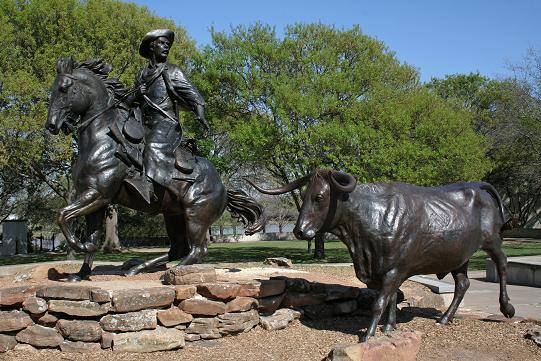 A bronze statue of a cowboy on horseback herding a longhorn steer in McLennan County, Texas.