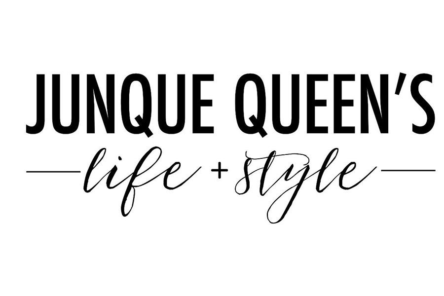 A logo featuring the text Junque Queen's life + style in black on white in McLennan County, Texas.