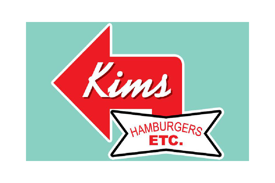 A vintage-style sign for Kim's Hamburgers Etc. with a red arrow pointing left in McLennan County, Texas.