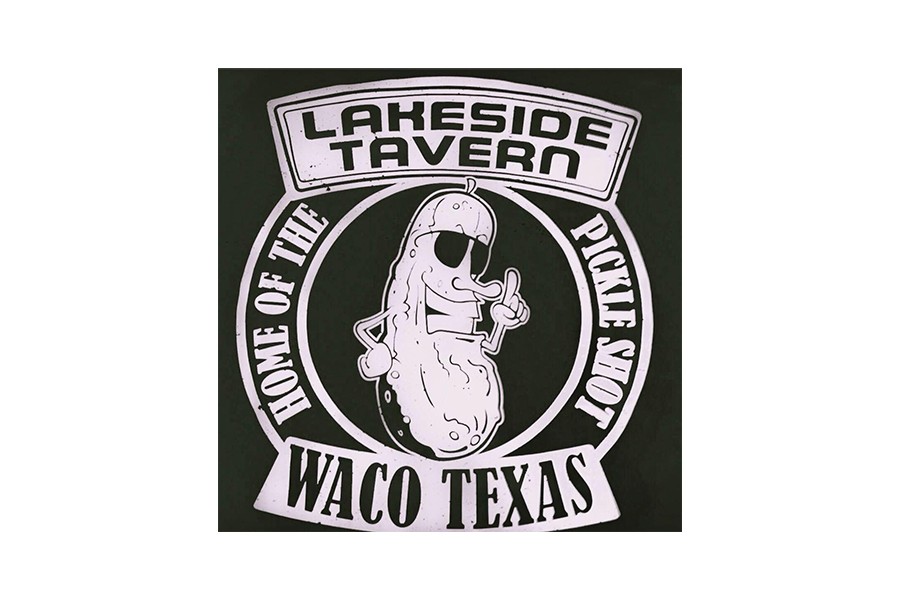 A logo for Lakeside Tavern in Waco, Texas, featuring a cartoon pickle wearing sunglasses in McLennan County, Texas.