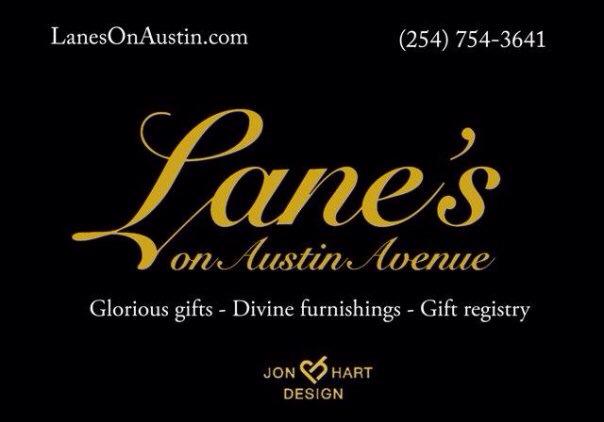 A black background with gold text for Lane's on Austin Avenue store information in McLennan County, Texas.