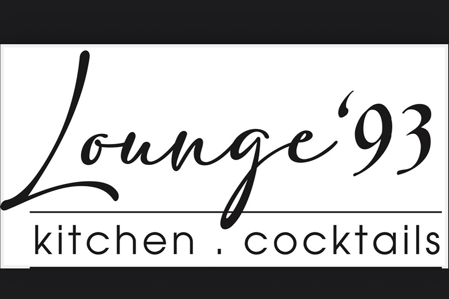 A black and white logo for Lounge '93 featuring kitchen and cocktails text in McLennan County, Texas.