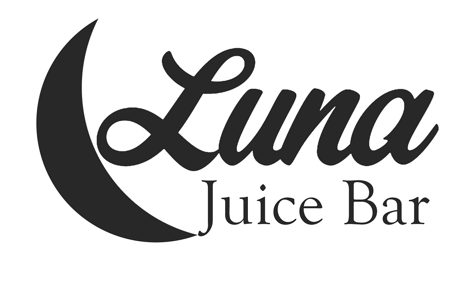 A black and white logo for Luna Juice Bar featuring a crescent moon icon in McLennan County, Texas.