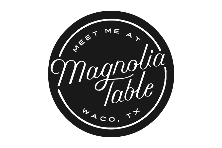 A circular black logo with white text reading Meet Me At Magnolia Table Waco, TX in McLennan County, Texas.