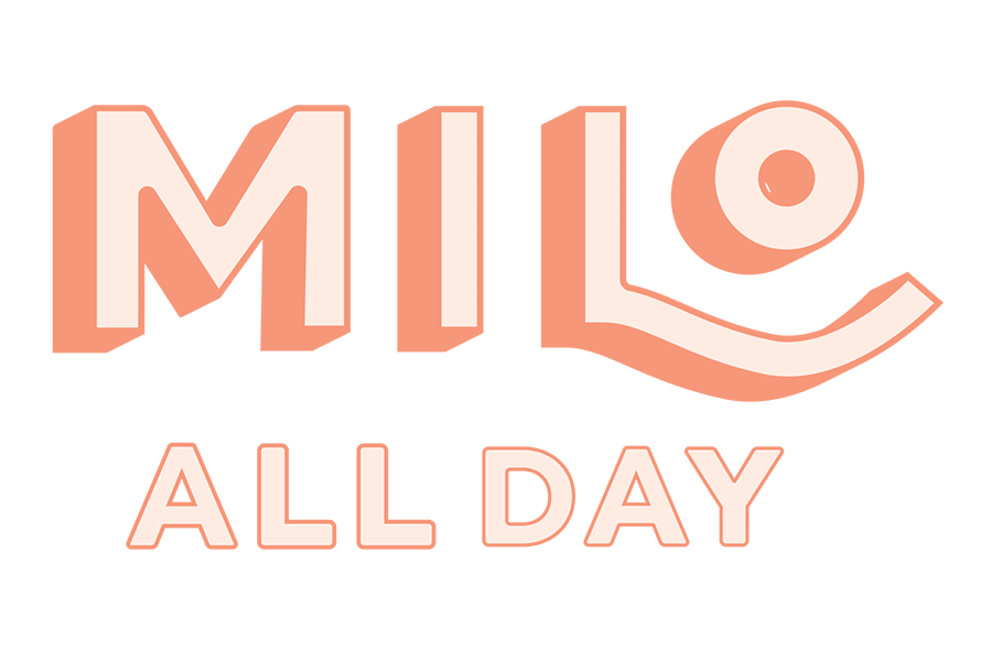 The text MILO ALL DAY in a stylized, peach-colored 3D font in McLennan County, Texas.