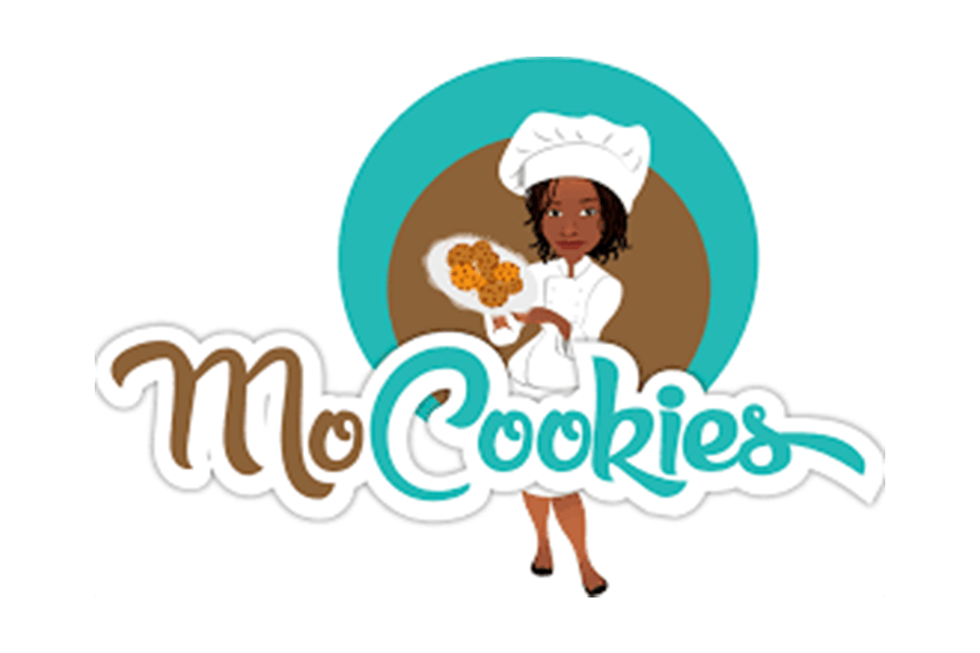 A cartoon female baker holding a plate of cookies with the text MoCookies in McLennan County, Texas.