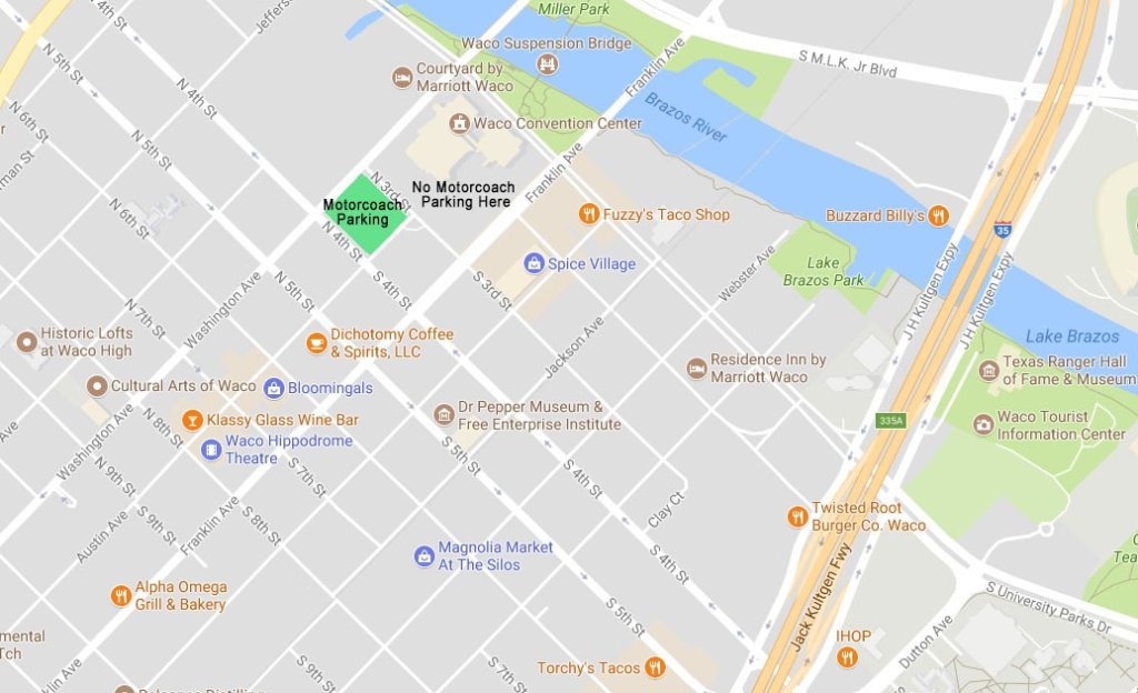Official Motorcoach Parking Map for Waco, Texas