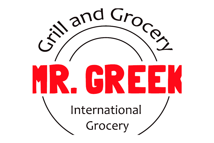 A logo for Mr. Greek Grill and Grocery with text inside a circular frame in McLennan County, Texas.