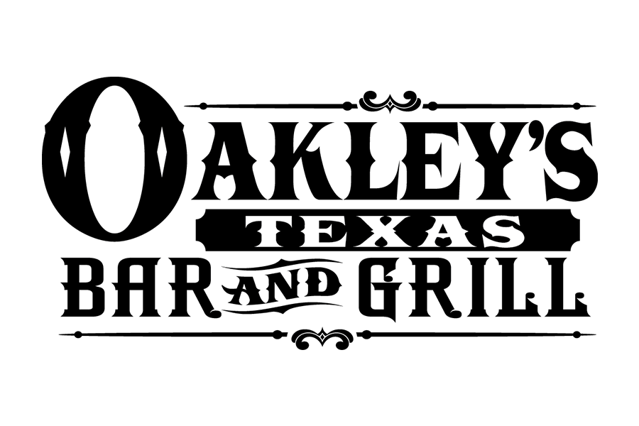 A black and white logo for Oakley's Texas Bar and Grill in McLennan County, Texas.
