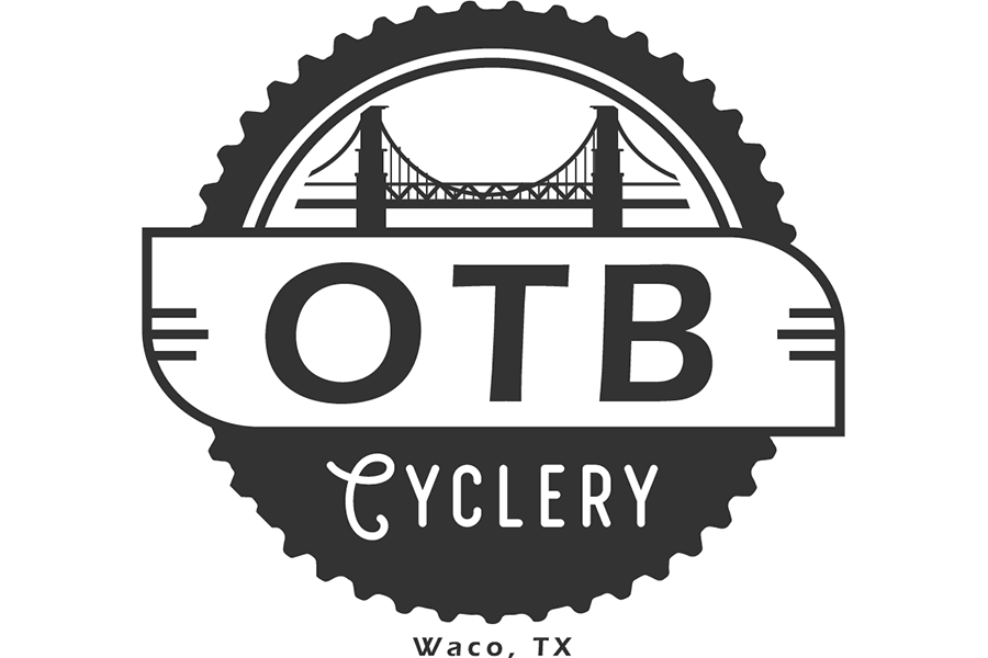 A logo for OTB Cyclery in Waco, Texas, featuring a bridge and gear design in McLennan County, Texas.