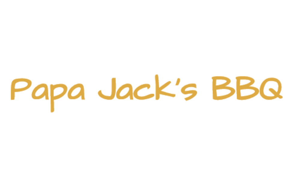 The text Papa Jack's BBQ written in a golden yellow font on a white background in McLennan County, Texas.