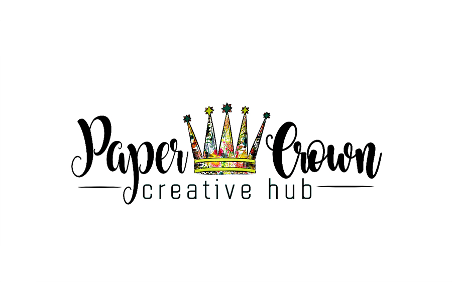 A logo for Paper Crown Creative Hub featuring a floral patterned crown illustration in McLennan County, Texas.