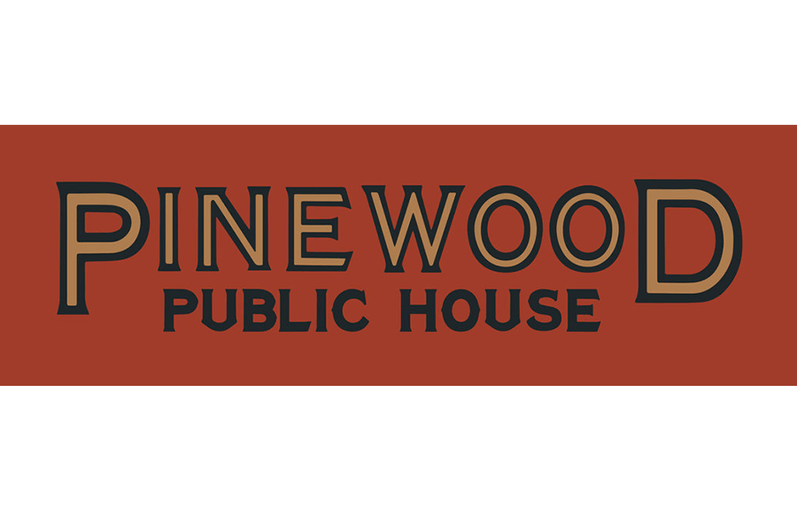 A logo for Pinewood Public House with stylized text on a rust-colored background in McLennan County, Texas.