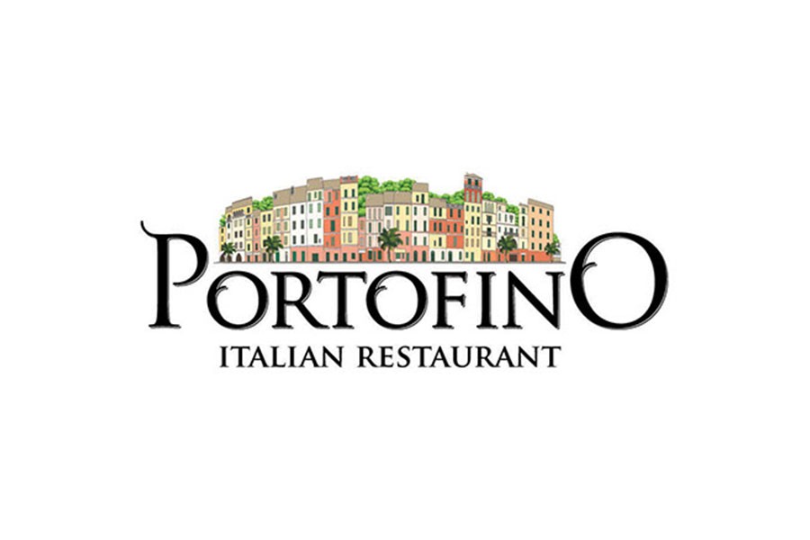 A logo for Portofino Italian Restaurant featuring a colorful illustration of coastal buildings in McLennan County, Texas.