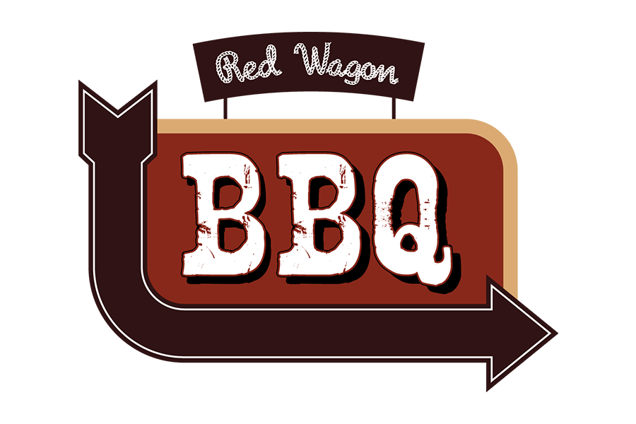 A logo for Red Wagon BBQ featuring bold white letters on a brown background in McLennan County, Texas.