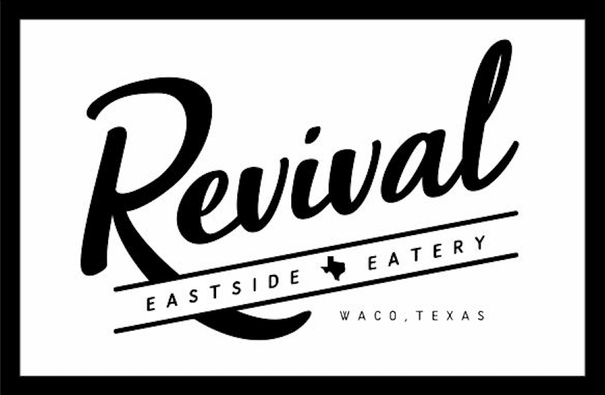 A black and white logo for Revival Eastside Eatery in Waco, Texas in McLennan County, Texas.