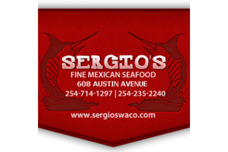 A red restaurant logo for Sergio's Fine Mexican Seafood with two marlin fish illustrations in McLennan County, Texas.