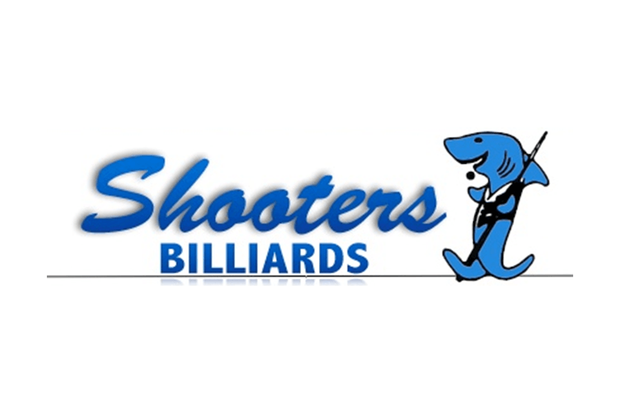 A logo for Shooters Billiards featuring a cartoon shark holding a pool cue in McLennan County, Texas.