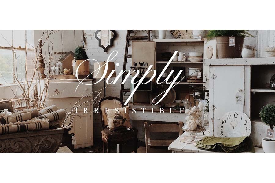 A rustic shop interior filled with vintage furniture, home decor, and the text Simply Irresistible in McLennan County, Texas.